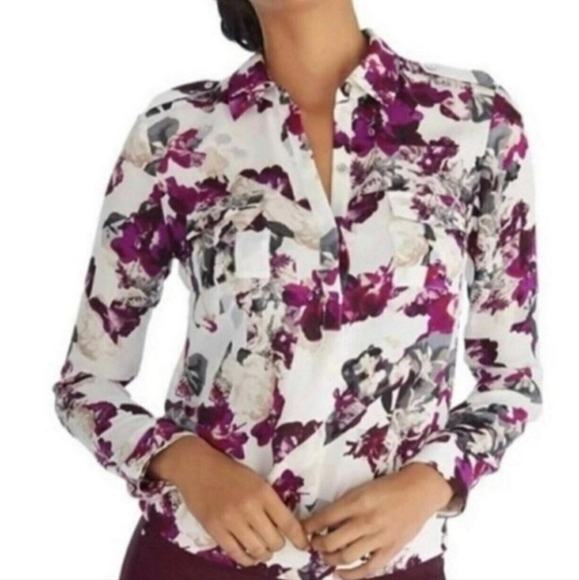 White House Black Market Tops - WHBM Floral Silk Button Up Blouse Collared Elastic Hem‎ Size 14P